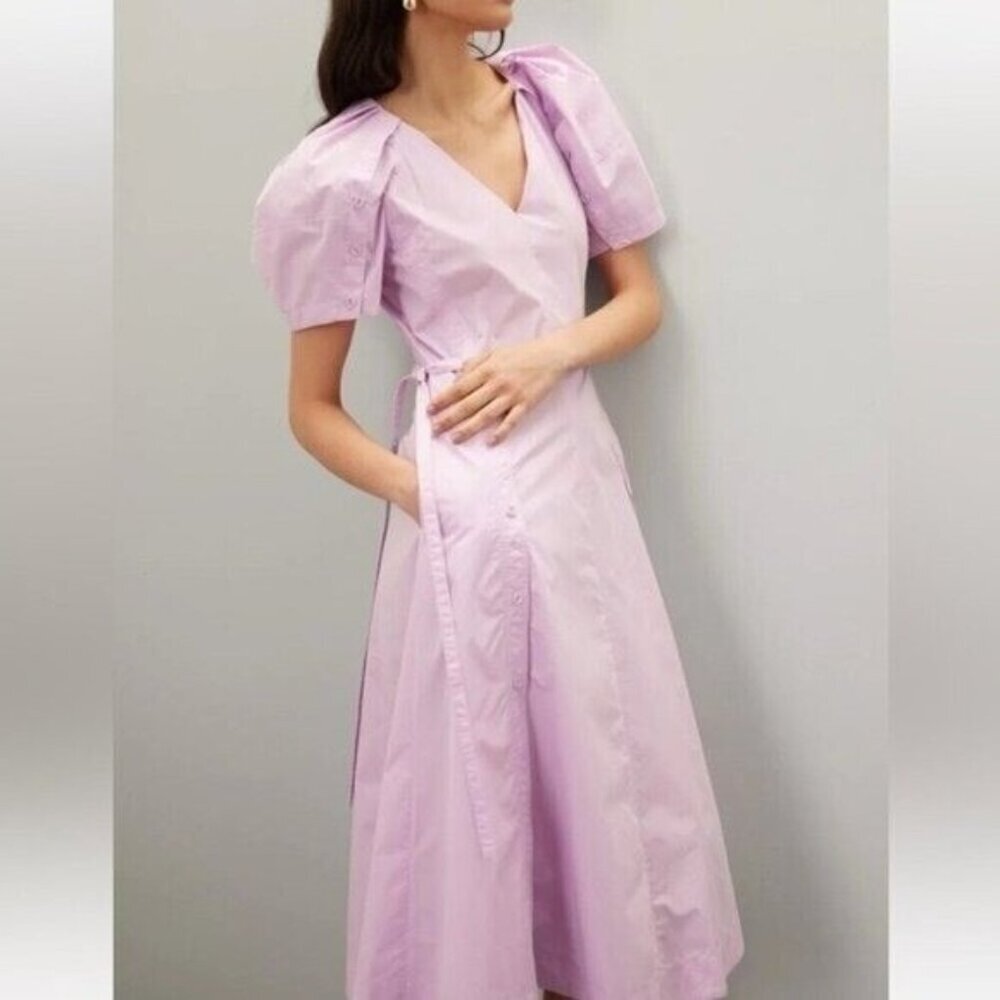 3.1 Phillip Lim Puff Sleeve Side Tie Poplin Flare Dress Midi Length Purple Read• - Picture 6 of 9